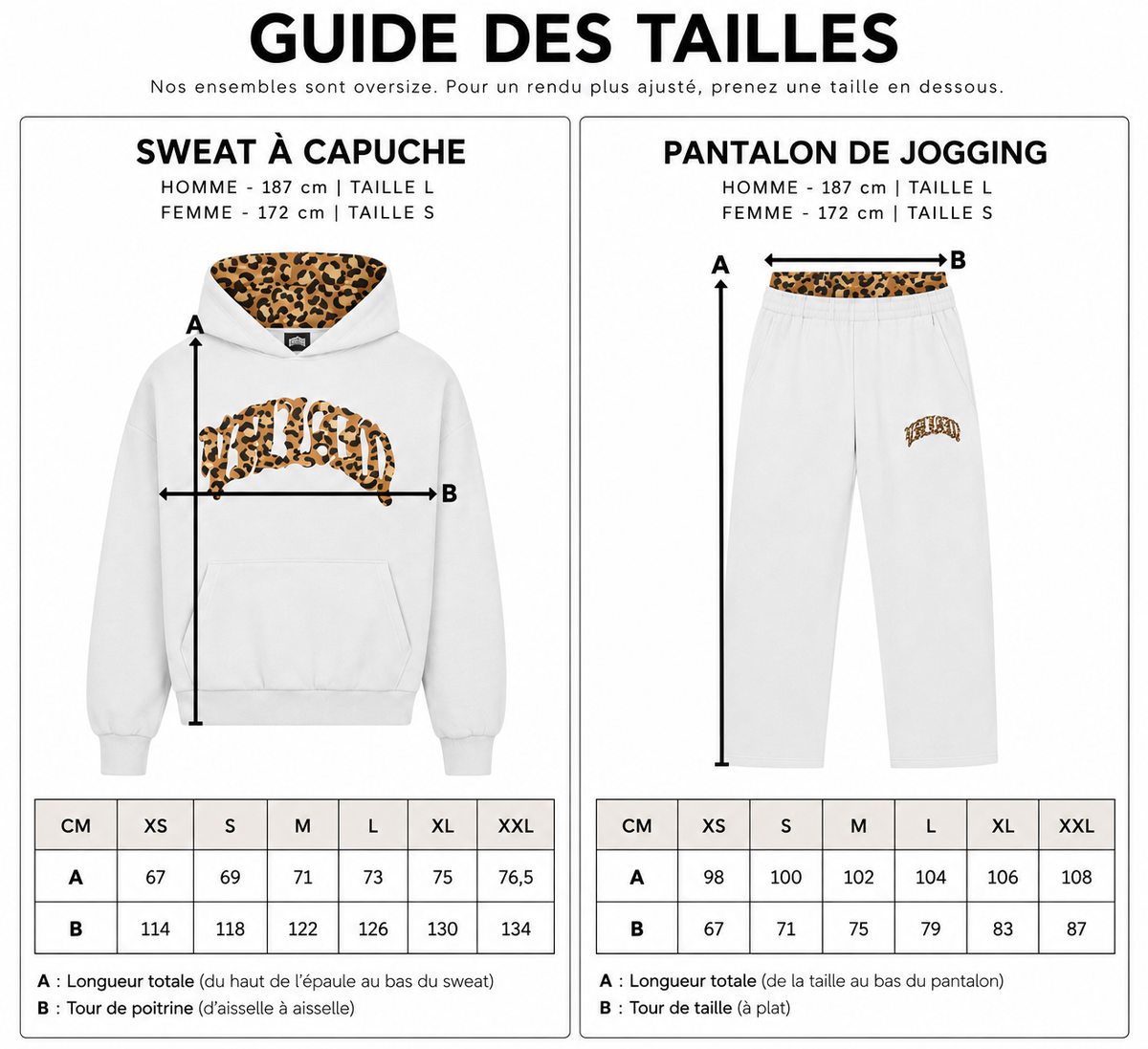 Guide des tailles : sweat à capuche et pantalon de jogging